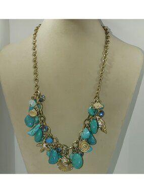 Necklace Nautical Shell Starfish Chunky Teal Stone Gold Tone Adjustable Lyedell
